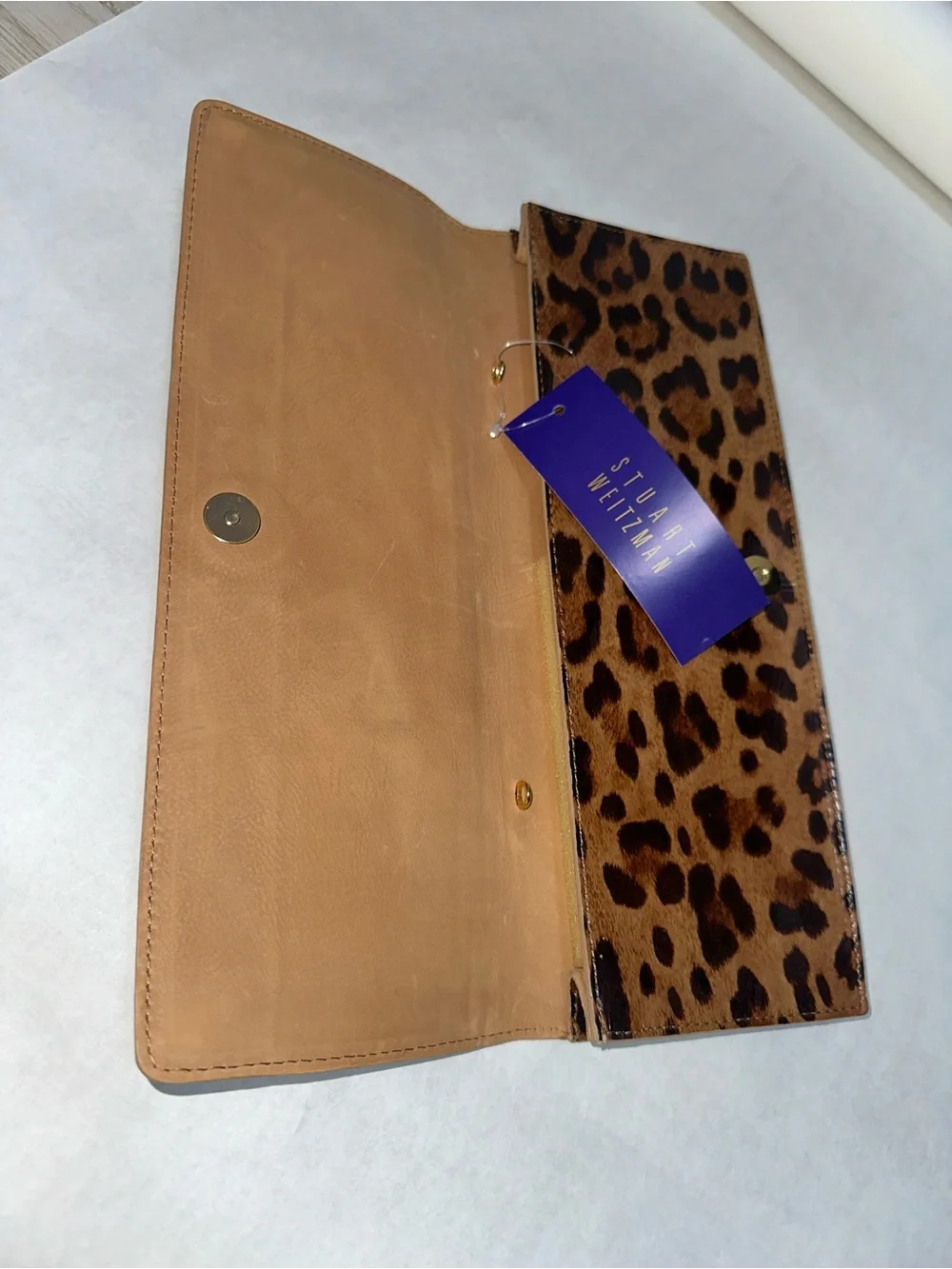 Stuart Weitzman patent leather Leopard clutch bag with a detachable strap